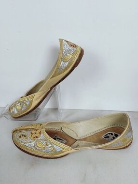 Handmade Gold Silver Embroidery Indian Punjabi Jutti Khussa Wedding Shoes, 7.5